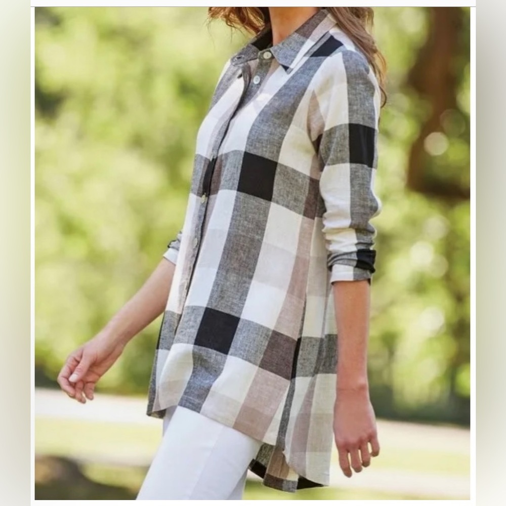 Soft Surroundings Linen Rayon Cream Tan Black Plaid Button Down Top